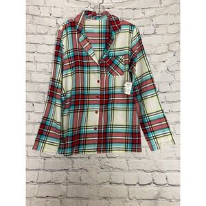 NWT Sonoma Womens Pajama Top Medium Multicolor‎ Plaid Cotton Flannel Holiday